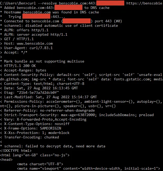 Traefik origin server HTML response showing the site content